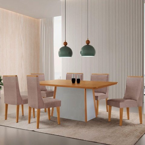 Mesa de Jantar Diane 180cm Tampo MDF Lam 6 Cadeiras Lisboa Moderna Linho Capuccino Naturale Off