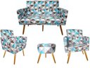 Ver imagem 1 de Kit Namoradeira + 2 Poltronas Decorativa Nina + Puff Redondo Suede Triângulo Azul Pés Madeira Ms Dec