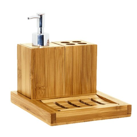 Jogo Para Banheiro 4 Peças Bambu Com Bandeja