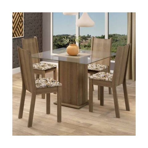 Conjunto Sala de Jantar Madesa Maya Mesa Tampo de Vidro com 4 Cadeiras Rustic/lírio Bege Cor:rustic/