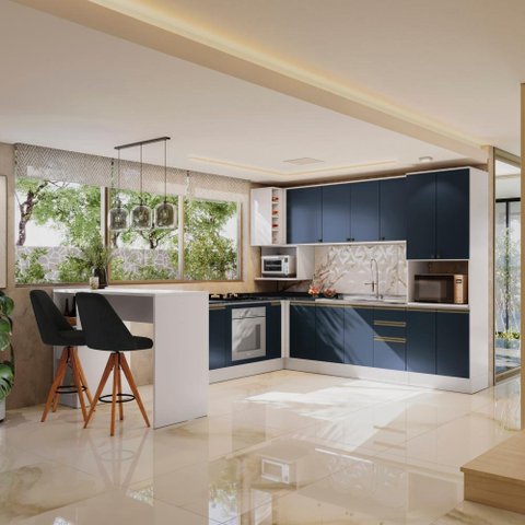 Cozinha de Canto Modulada Celeste Kappesberg 100% Mdf Branco/azul