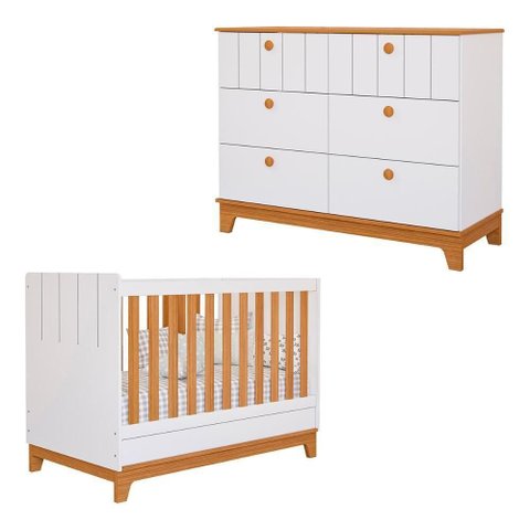 Conjunto de Berço e Cômoda Biscoito 6 Gavetas MDF 133 cm Branco Acetinado Nature Loja Doce Lar