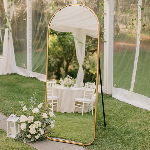 Espelho Base Reta com Moldura Alumínio Dourado Corpo Inteiro 170x70 Cm C/ Suporte de Chão e Parede