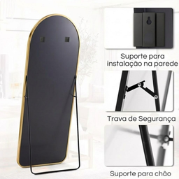 Espelho Base Reta com Moldura Alumínio Dourado Corpo Inteiro 170x70 Cm C/ Suporte de Chão e Parede - 9
