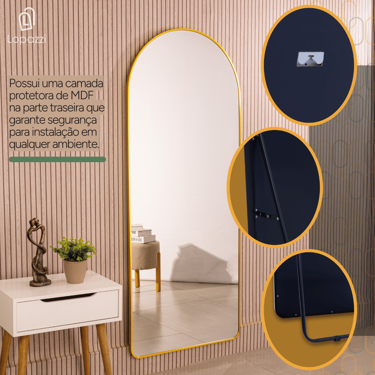 Espelho Base Reta com Moldura Alumínio Dourado Corpo Inteiro 170x70 Cm C/ Suporte de Chão e Parede - 9
