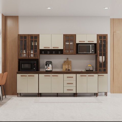Cozinha Modulada Completa Fidelitá Lisboa 6 Peças 295cm 15 Portas 3 Gavetas com Tampo