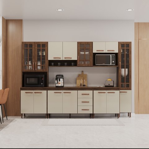 Cozinha Modulada Completa Fidelitá Lisboa 6 Peças 295cm 15 Portas 3 Gavetas com Tampo