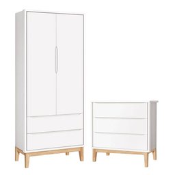 Cômoda Gaveteiro e Guarda Roupa Infantil 2 Portas New Classic Branco com Pés Madeira Natural – Relle - 1