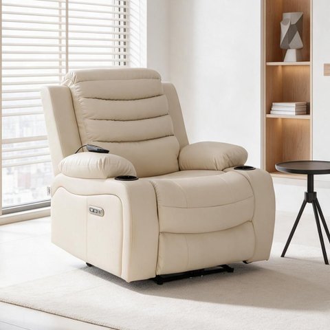 Poltrona Reclinável Elétrica com Massagem Porta Copos e USB Donatti L07 Couríssimo Bege - Lyam