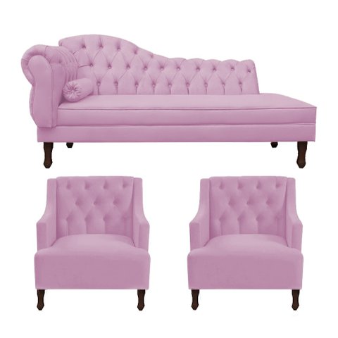 Divã Cancun 140cm Direito +2 Poltronas Genesis Rosa Bebê