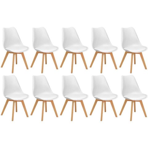 Conjunto 10 Cadeiras de Jantar Eames Wood Leda Design Estofada - Branco