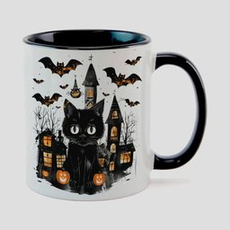 Caneca Branca com Interna Preta Y5 Gato Halloween Abobora 143 - 1