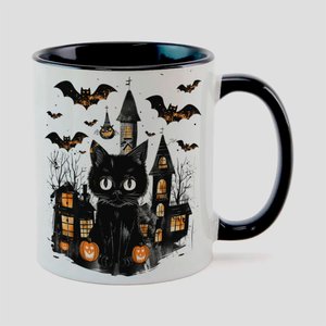 Caneca Branca com Interna Preta Y5 Gato Halloween Abobora 143