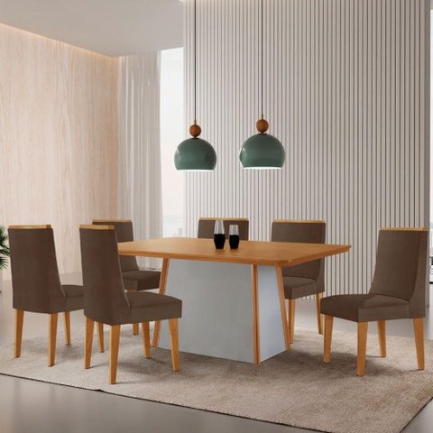 Mesa de Jantar Diane 180cm Tampo MDF Lam 6 Cadeiras Lisboa Moderna Veludo Marrom Naturale Off White