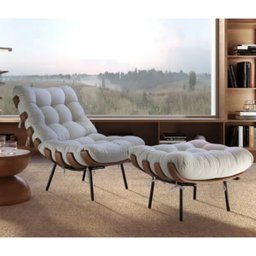 Poltrona Sala Estar Decorativa Costela de Adão com Puff Luxo: Poltrona Costela Linho Bege Claro - 3