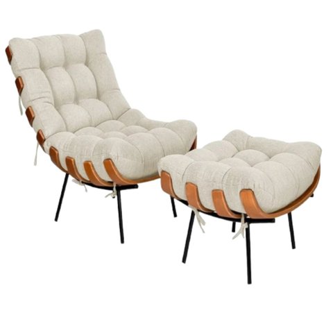 Poltrona Sala Estar Decorativa Costela de Adão com Puff Luxo: Poltrona Costela Linho Bege Claro