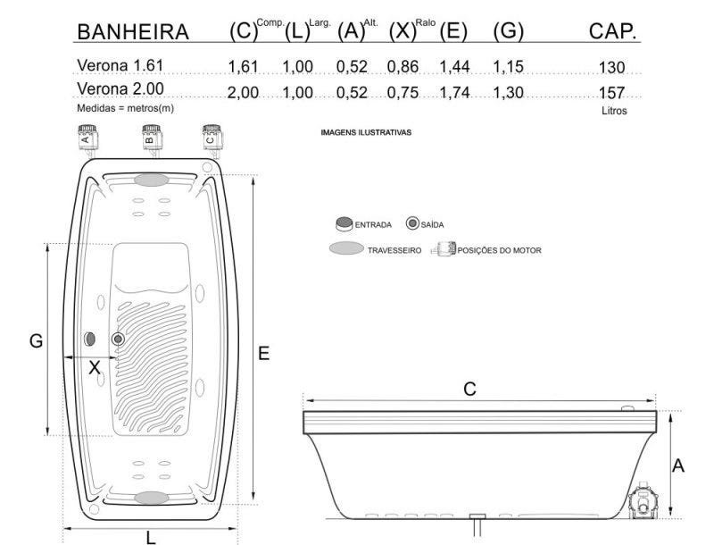 Banheira de Hidromassagem Verona Dupla 1,61x1,00x0,52 Gel Coat-Completa - 4