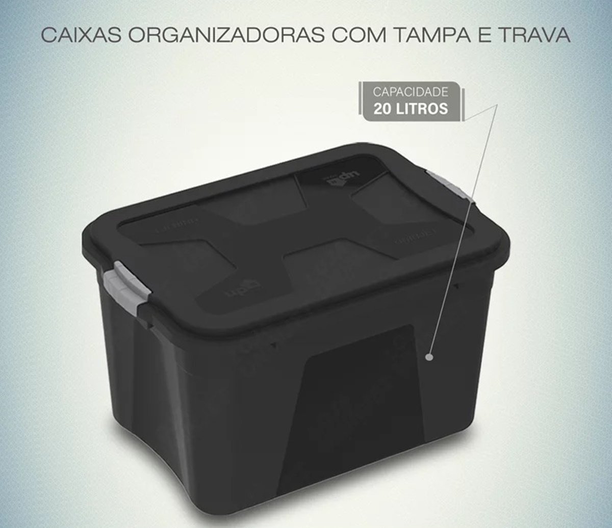Caixa Organizadora Multiuso Plástica 20 Litros Kit 3 Peças:preto - 2