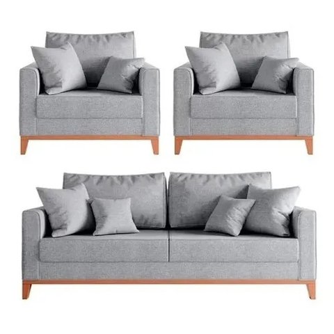 Kit Sofá 3 Lugares e 2 Poltronas Beny com Base de Madeira Linho
