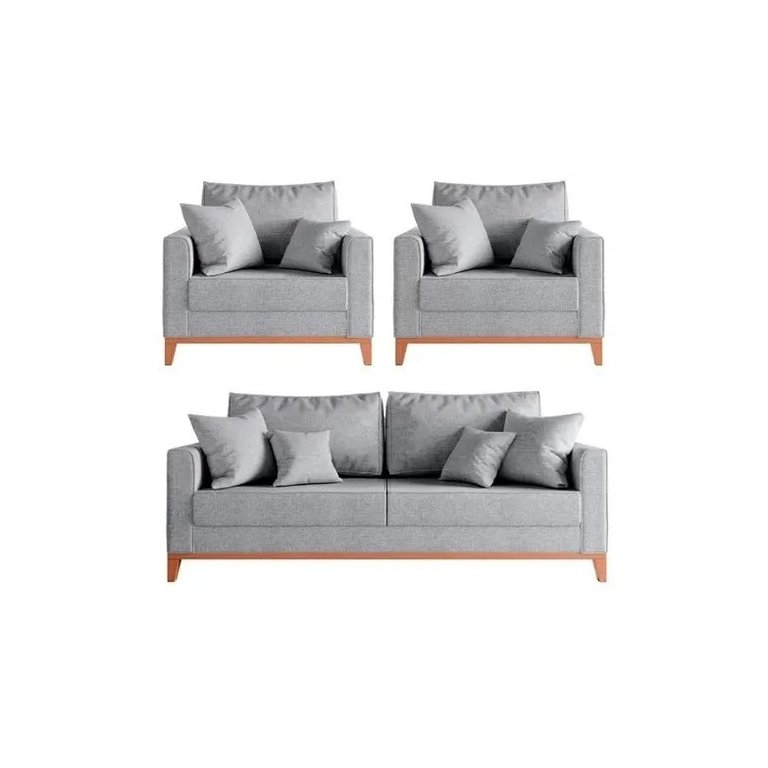 Kit Sofá 3 Lugares e 2 Poltronas Beny com Base de Madeira Linho