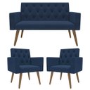 Ver imagem 2 de Sofá 2 Lugares + 2 Poltronas Decorativas para Sala, Recepção Azul-Marinho