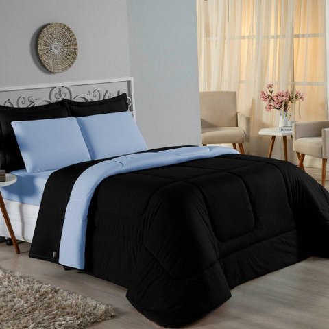Edredom Queen Nobre 1 Peça Dupla Face 2,40m X 2,60m Malha 100% Algodão - Preto / Azul-bebê