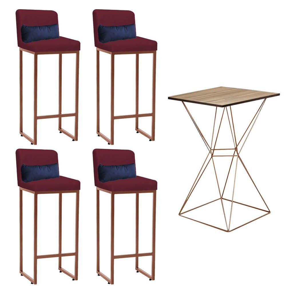Kit Mesa Bistrô Lucca e 4 Banqueta Lucca Tampo Freijó Ferro Bronze Suede Bordô e Almofada Azul Marin - 1