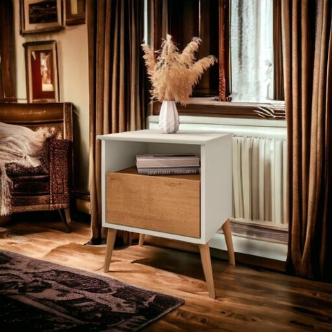 Mesa de Cabeceira Cancun Off White e Naturalle Bechara