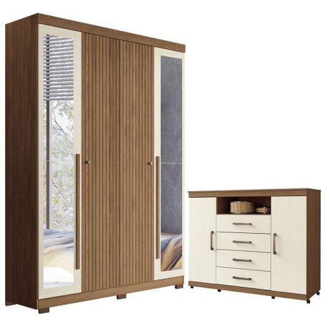 Guarda Roupa Casal Ripado 4 Portas Buriti com Espelho e Pés e Cômoda Havana Master com Rodizio Jatob