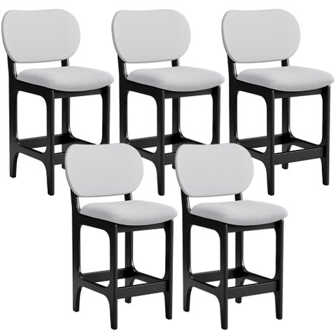 Kit 05 Banquetas Baixa Bar Cozinha Sala Jantar Fixa Betta L02 Preto Linho Cinza - Lyam Decor Banquet