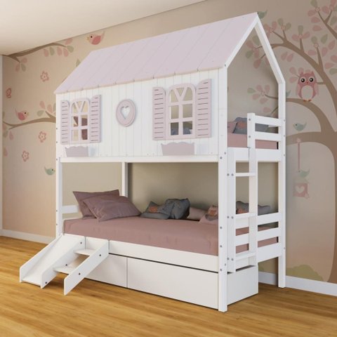 Beliche Casinha Bela com Coração 2 Gavetas Kit Escada/Escorregador - Madeira Maciça Branco/Rosa