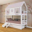 Ver imagem 1 de Beliche Casinha Bela com Coração 2 Gavetas Kit Escada/Escorregador - Madeira Maciça Branco/Rosa