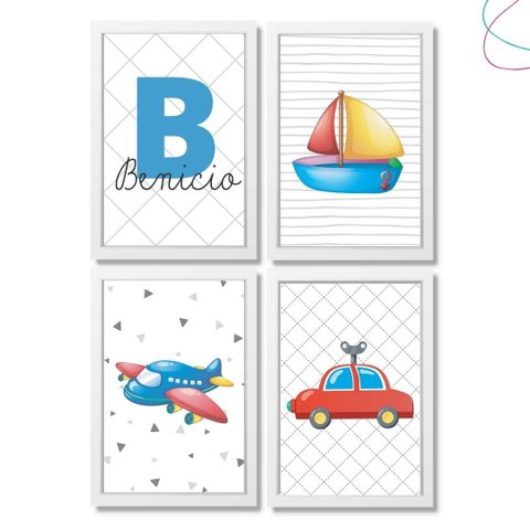 4 Quadros Decorativos Infantil Meios de Transporte Carrinho:branca
