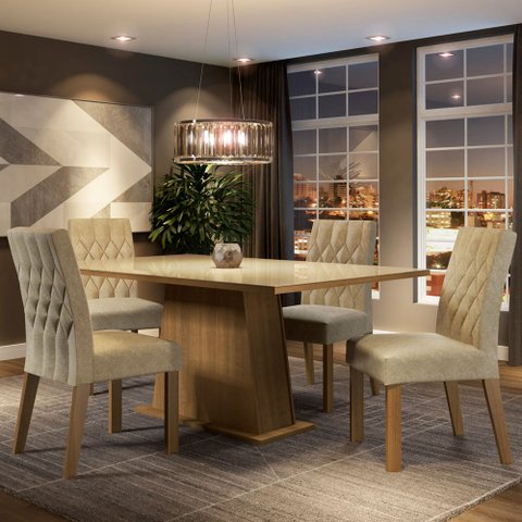 Conjunto Sala de Jantar Madesa Grazi Mesa Tampo de Vidro com 4 Cadeiras Rustic/Crema/Imperial Cor:Ru