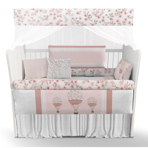 Kit Berço Enxoval de Bebê Floral Rosa Balões Menina Algodão