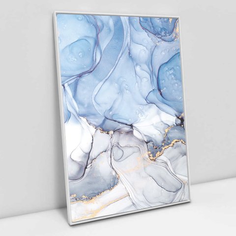 Quadro Decorativo em Canvas Abstrato Mármore Azul Claro TaColado Moldura Flutuante 4,5cm Branca 120 