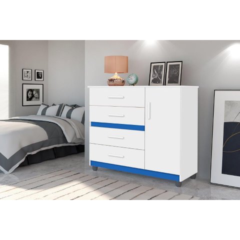 Cômoda Organizadora Pr 4 Gavetas e 1 Porta Cor Branco / Azul