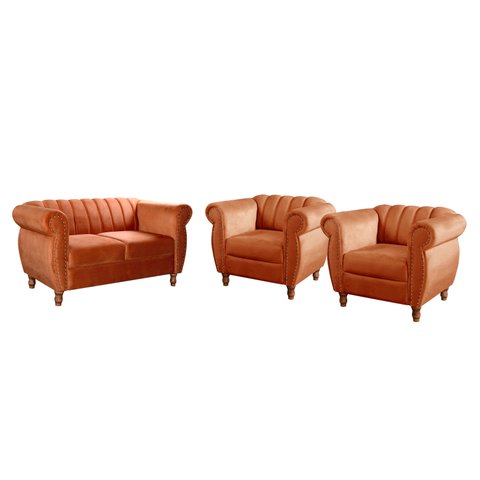 Conjunto Realeza Sofá com Poltronas Chesterfield Decoração Sala Recepção - Veludo Terracota