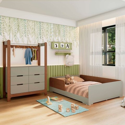 Quarto Infantil Completo Guarda-Roupa Closet e Cama Casal Montessoriana 100% MDF Olivia e Mark Verde/Verti/Castanho