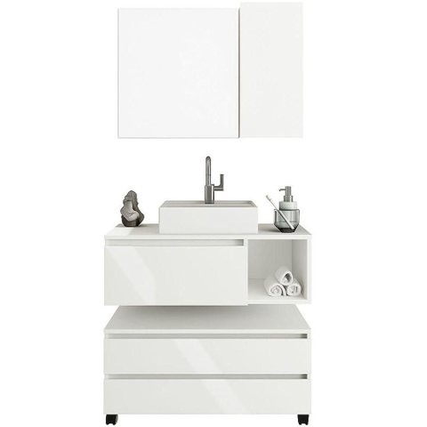 Kit Gabinete Balcão e Espelheira de Banheiro Marina Branco