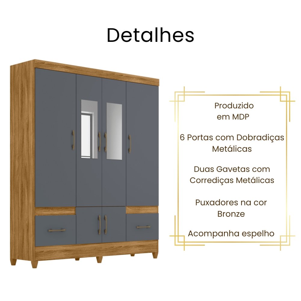 Guarda Roupa Casal Ms912 com Espelho 6 Portas Freijó Cinza Moval