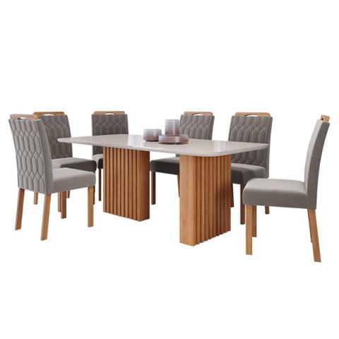 Mesa de Jantar Tampo de Vidro Off White Ester 1,80 com e 6 Cadeiras Paola Cinamomo/madeira/joli