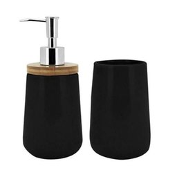 Jogo de Banheiro Cerâmica e Bambu 2 Peças Altura 19cm Preto - 1