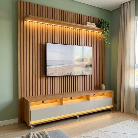 Rack com Painel para TV até 90 Polegadas com LED, Ripado, 3 Gavetas e Prateleiras 228,8x217x39,8cm