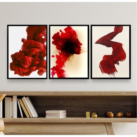 Kit 3 Quadros Decorativos Vermelhos- Abstrato Formas 24x18cm - com Vidro:madeira Preta
