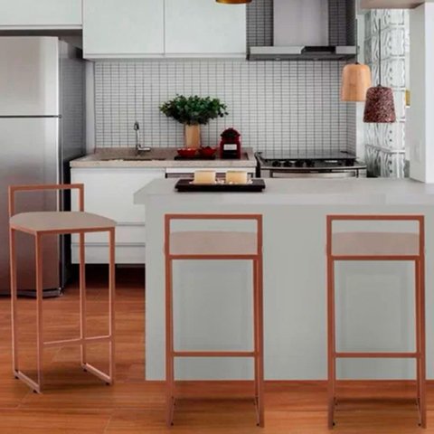 Banqueta Industrial Premium Dori em Aço para Bar Cozinha Bistrô Bancada Assento Suede - Cobre/bege