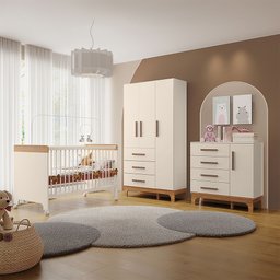 Kit Quarto Infantil Completo Guarda-roupas Cômoda e Berço Doçura Off-white/savana - 1