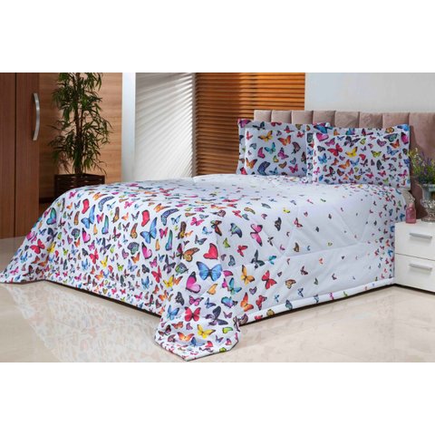 Kit Cobre Leito Natureza Borboletas Casal Queen 03 Peças Algodão