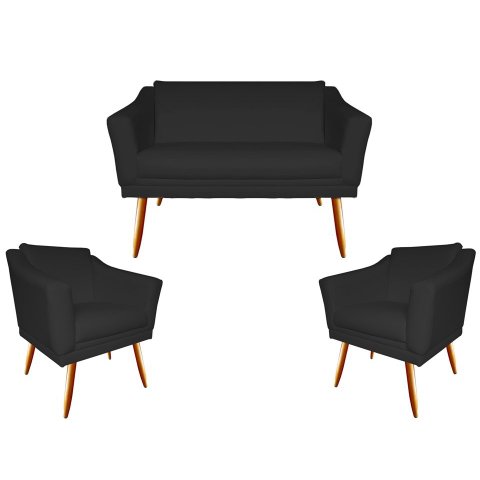 Kit Namoradeira + 2 Poltronas Decorativa Agatha Couro Preto Pés Madeira Mz Decor