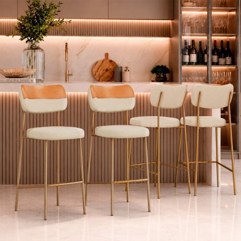 Kit 4 Banquetas Baixa Sala de Jantar Lisa Pés Champanhe Linho/PU Bege/Caramelo m² - Monari Design